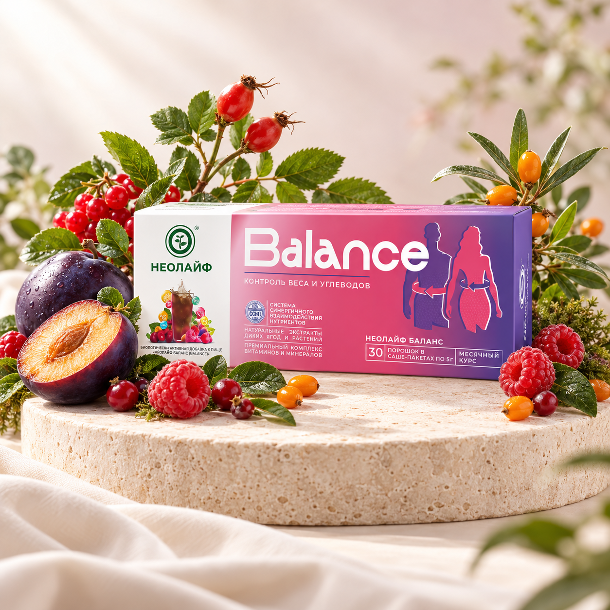 BALANCE на каменном подиуме с растениями