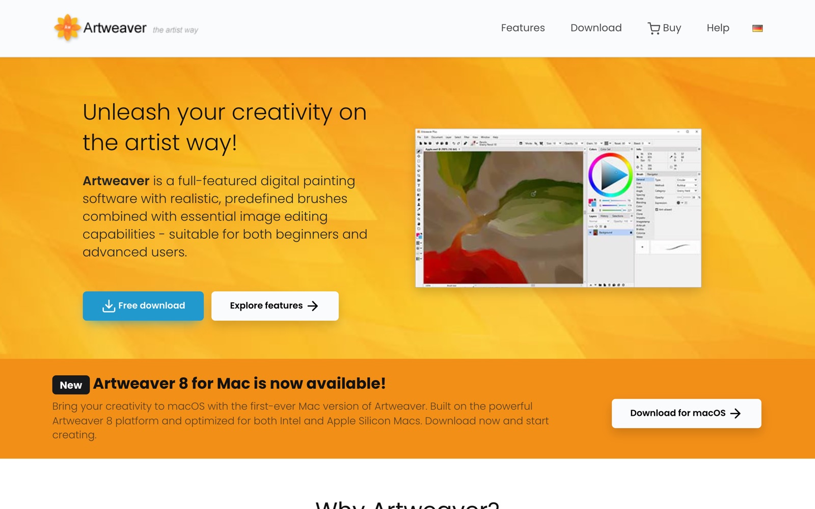 Artweaver homepage screenshot: digital painting software with realistic brushes