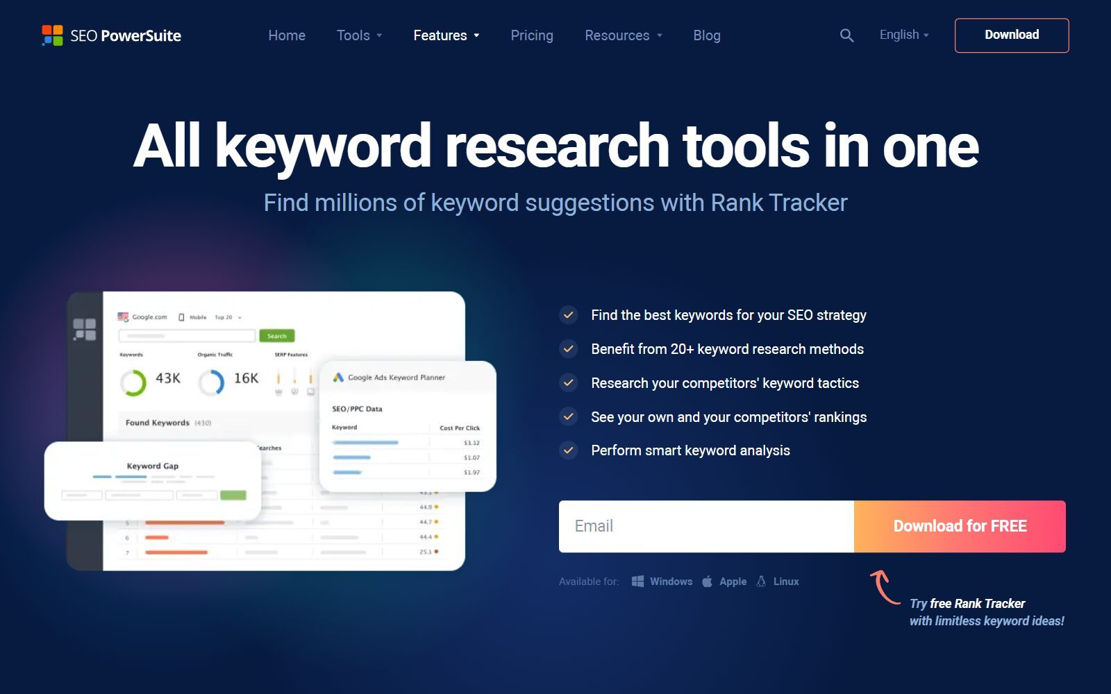 SEO PowerSuite Rank Tracker keyword research page screenshot: all keyword research tools in one (October 2026)