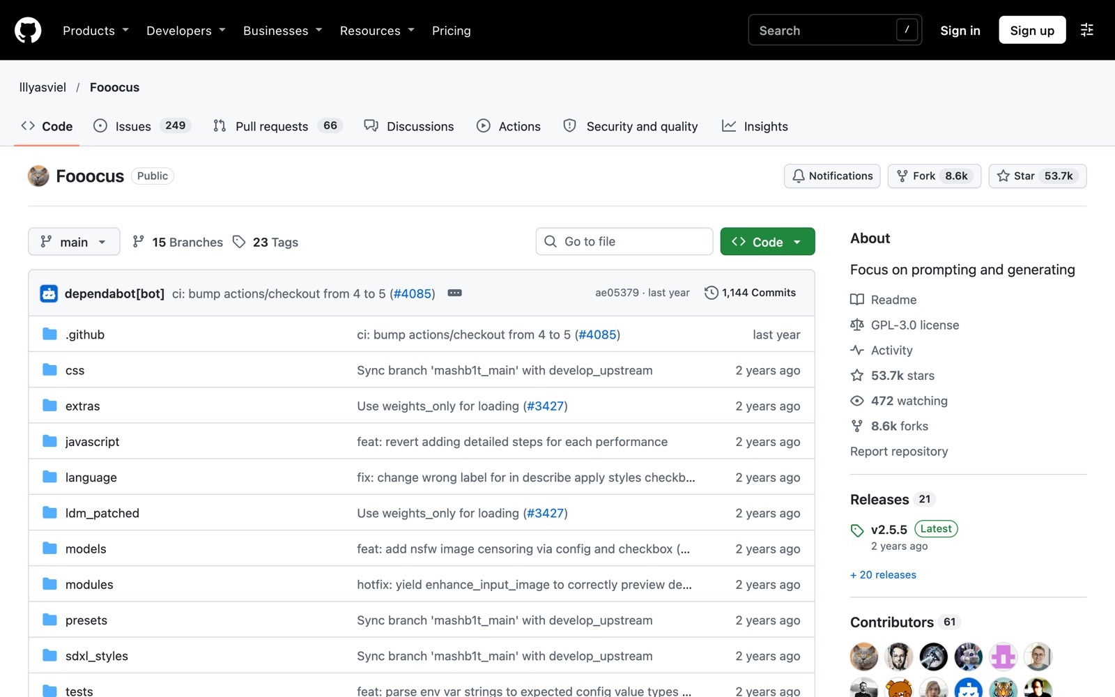 Fooocus GitHub repository screenshot: GPL-3.0 offline image generator focused on prompting