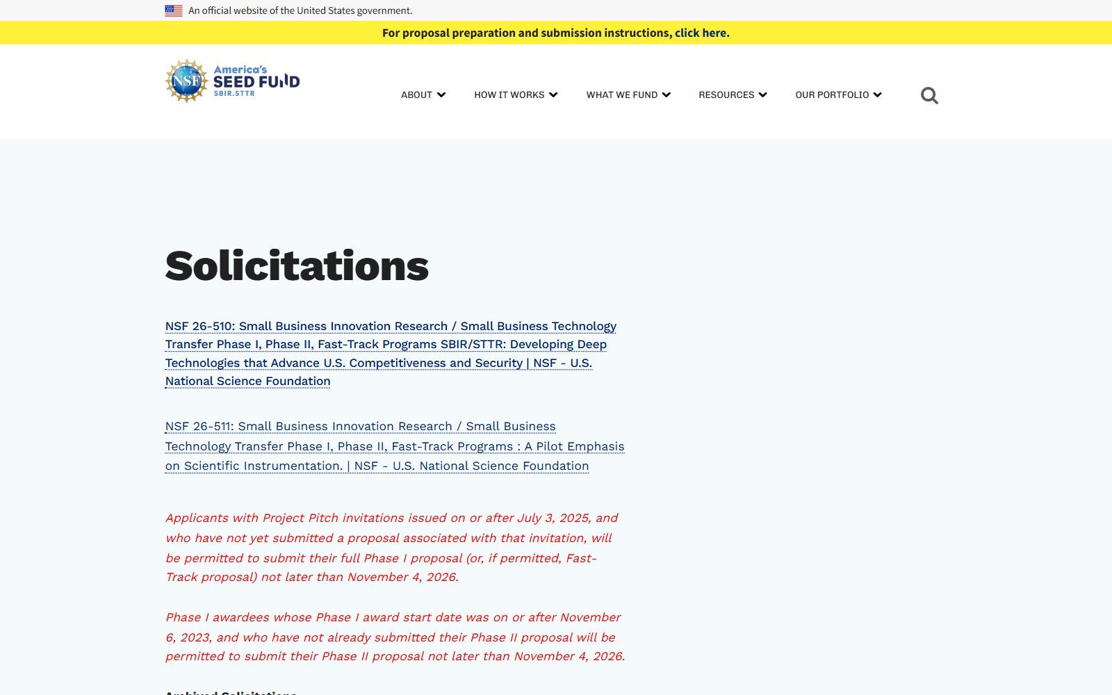 NSF America's Seed Fund SBIR/STTR solicitations page with NSF 26-510 and the 4 November 2026 deadline note, screenshot (October 2026)