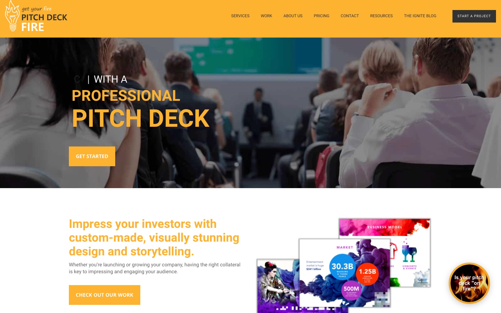 Pitch Deck Fire homepage screenshot: pitch deck agency for startups