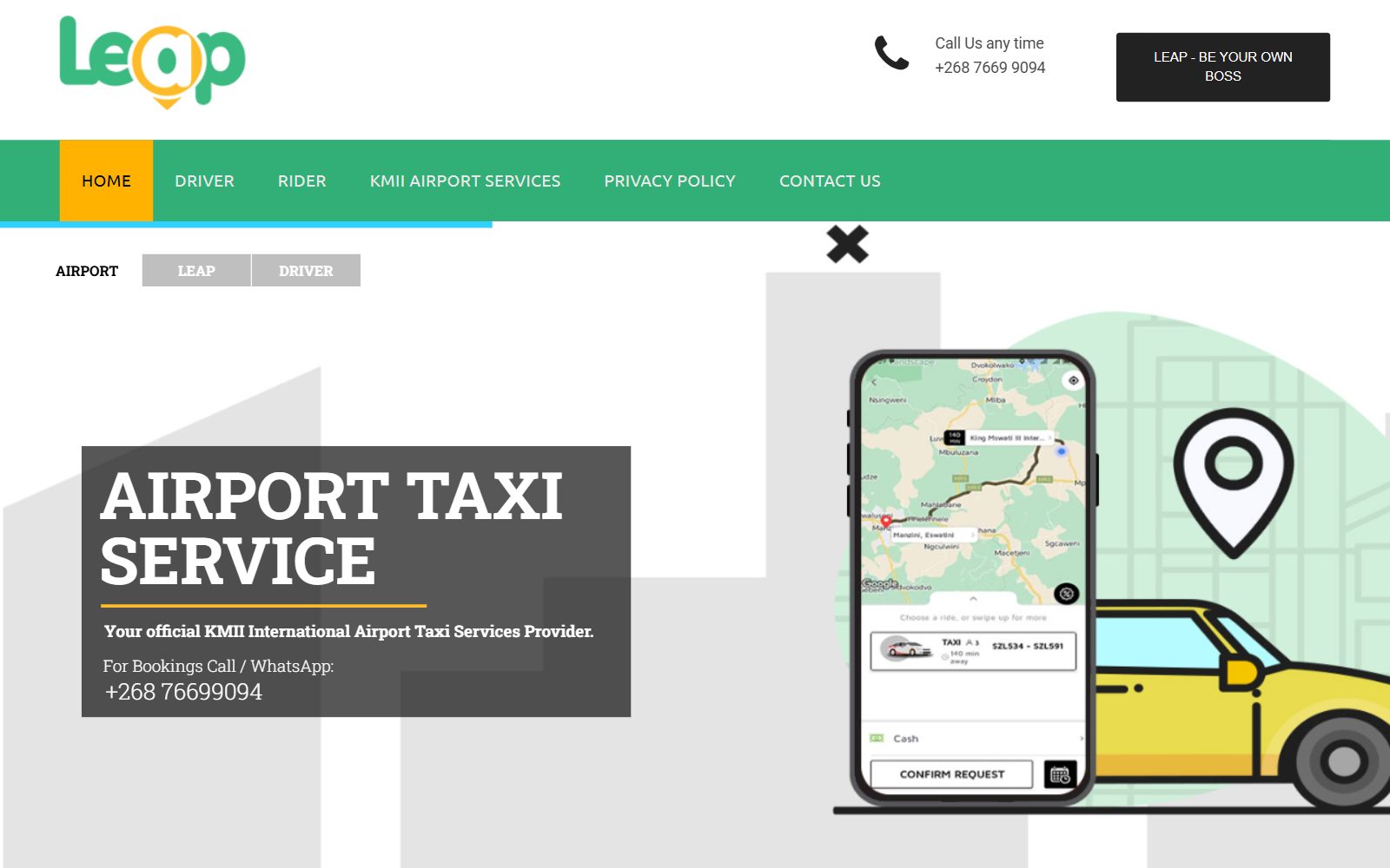 Leap taxi app and KMII airport taxi service homepage screenshot (October 2026)