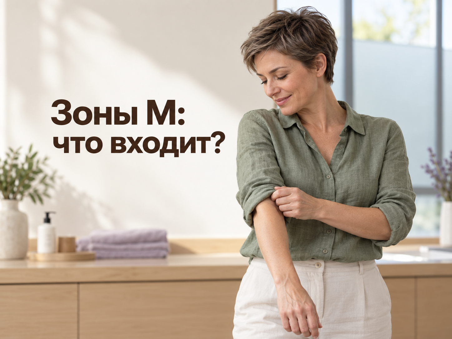 Женщина с короткой стрижкой в зелёной льняной рубашке поправляет рукав. Зоны M: что входит?