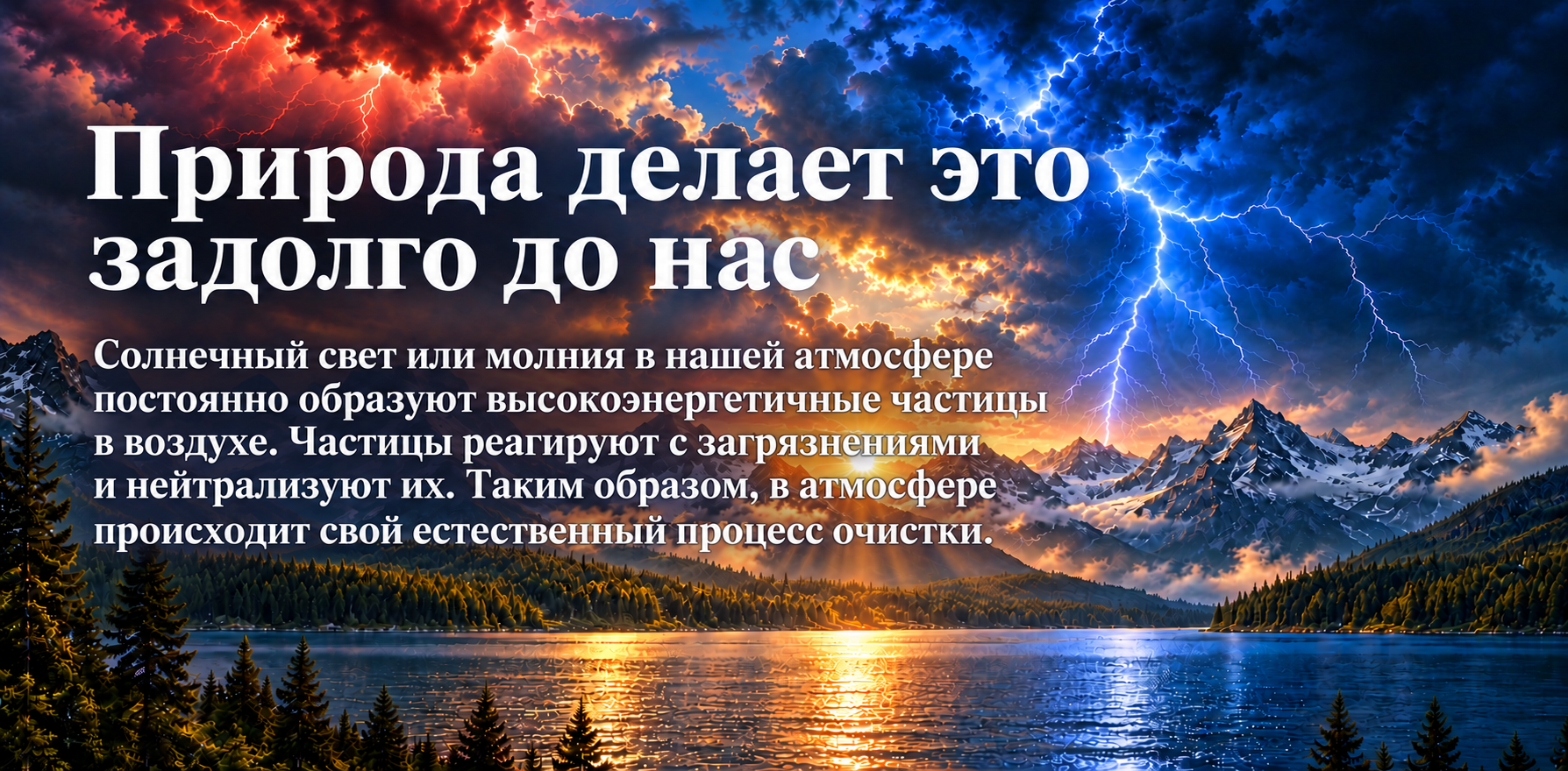 Горное озеро, солнечный свет и молнии. Природа делает это задолго до нас: естественный процесс очистки воздуха.