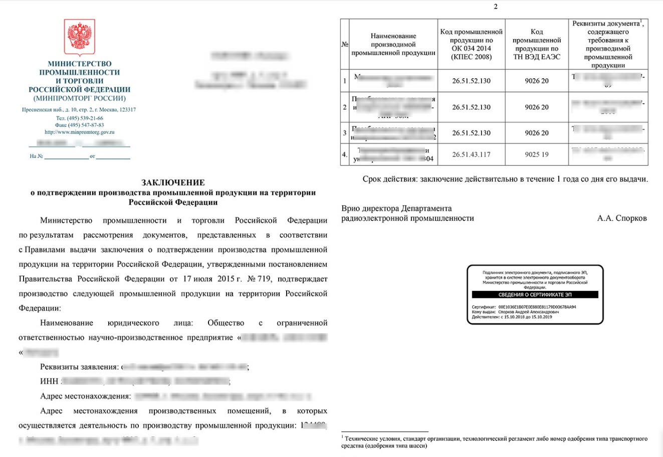 Выписка из реестра Минпромторга