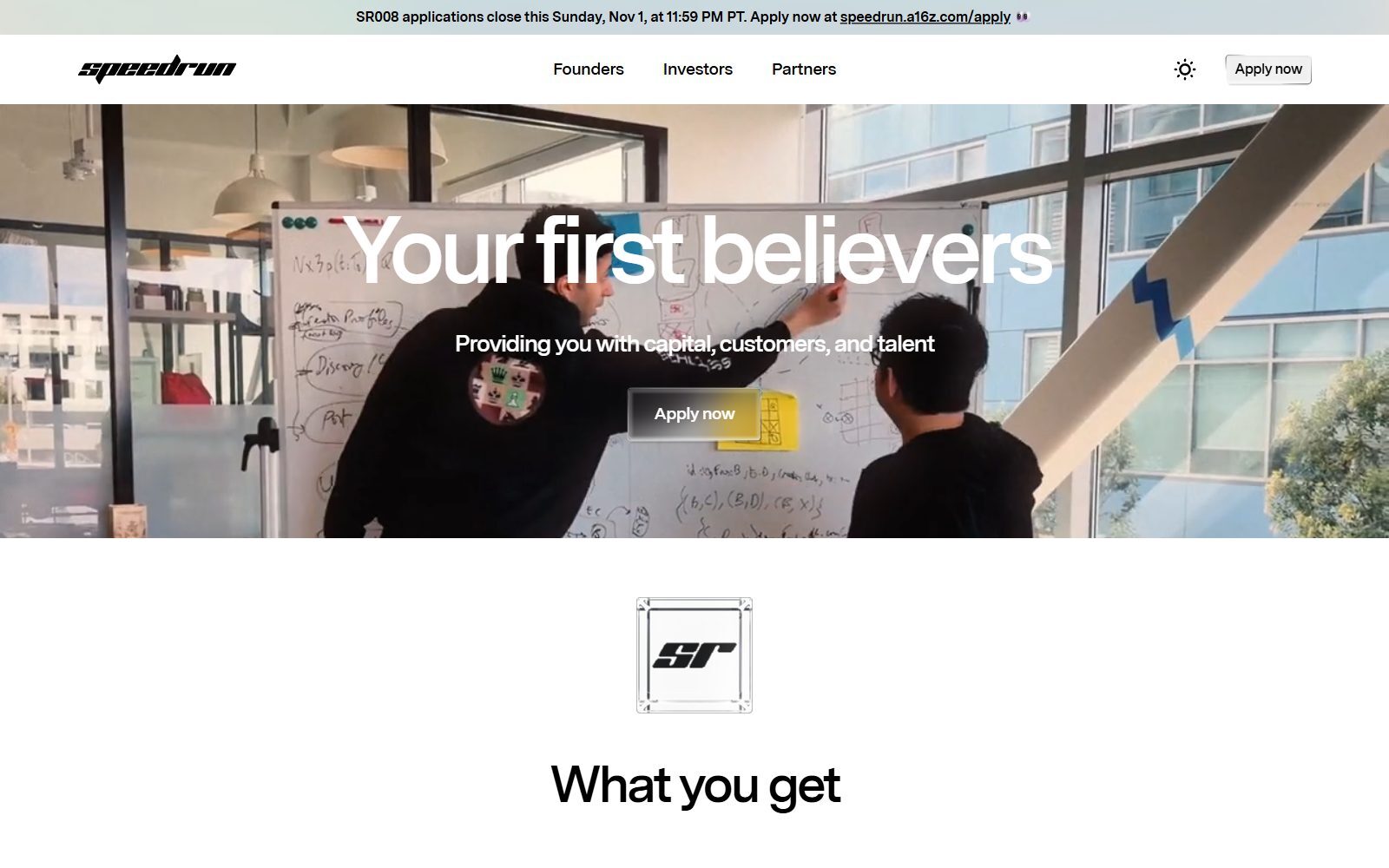 a16z speedrun homepage screenshot with the banner saying SR008 applications close on November 1 (October 2026)