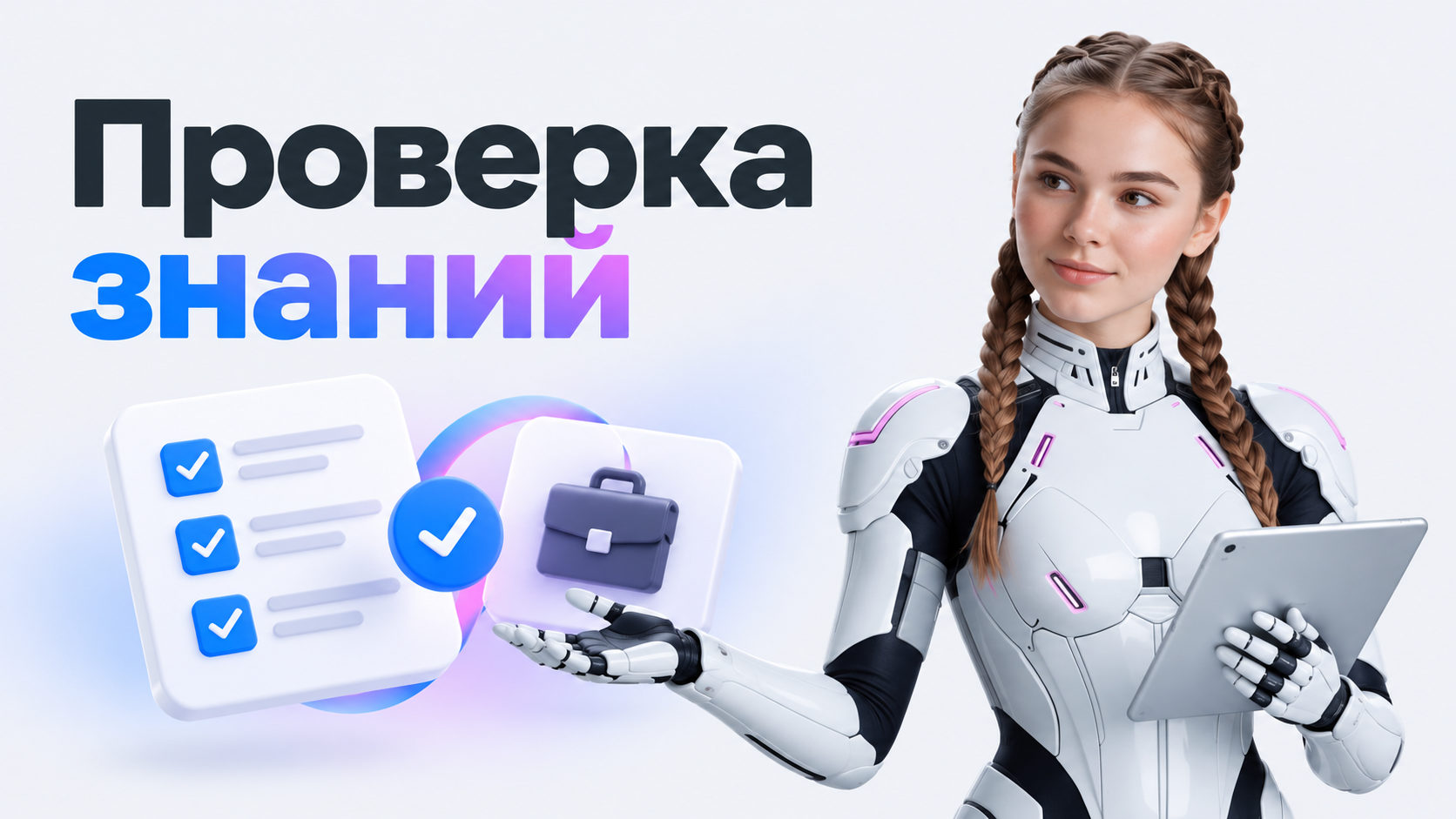 Катя с планшетом рядом с карточками проверки знаний и практического задания.
