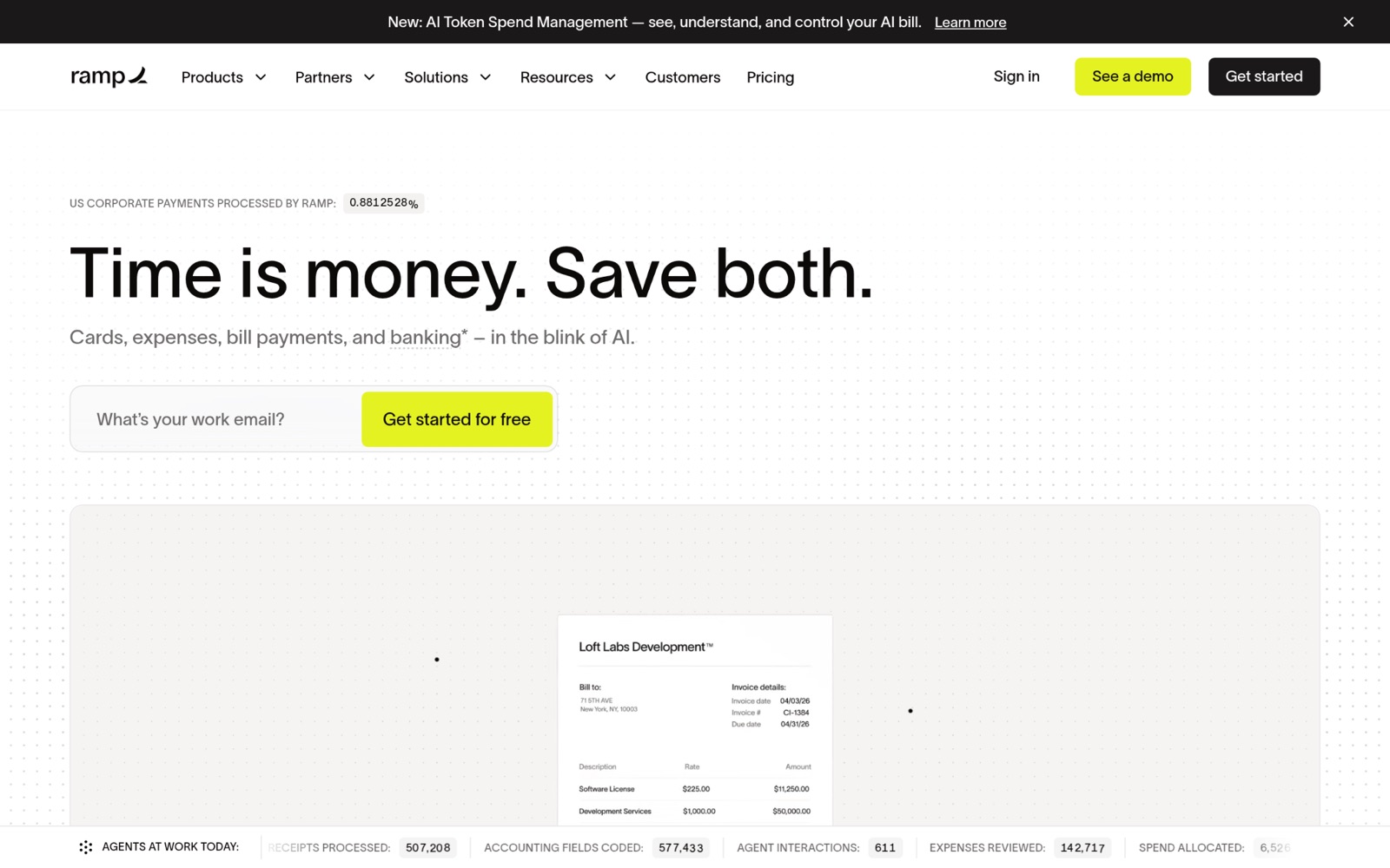 Ramp homepage: cards, expenses, bill payments and banking with AI