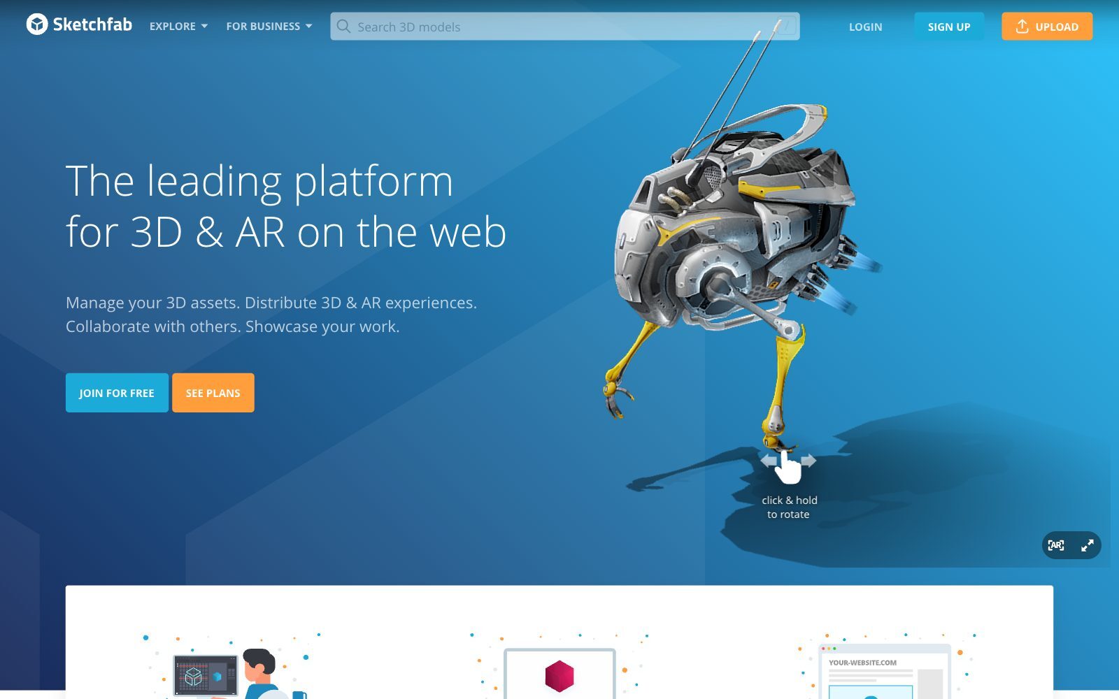 Screenshot of the Sketchfab homepage with the headline The leading platform for 3D and AR on the web and an interactive 3D robot model viewer