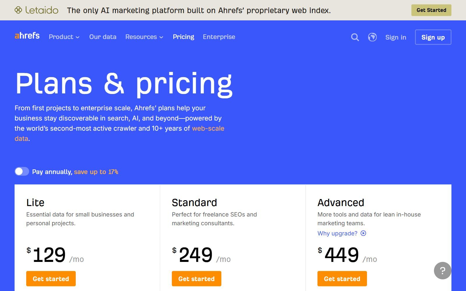 Ahrefs pricing page screenshot showing the Lite, Standard and Advanced plans in US dollars (October 2026)