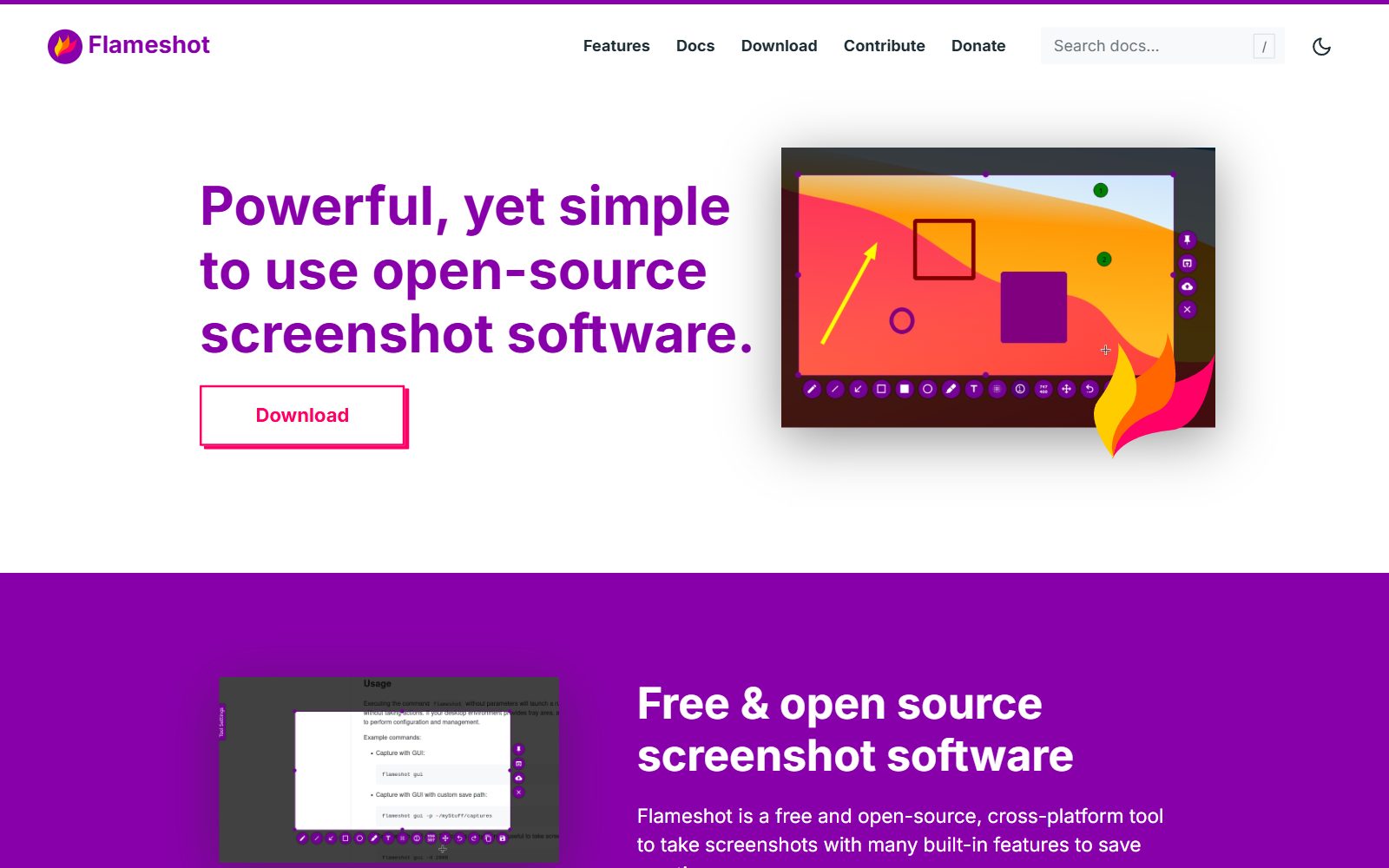 Flameshot open-source screenshot software homepage screenshot (October 2026)