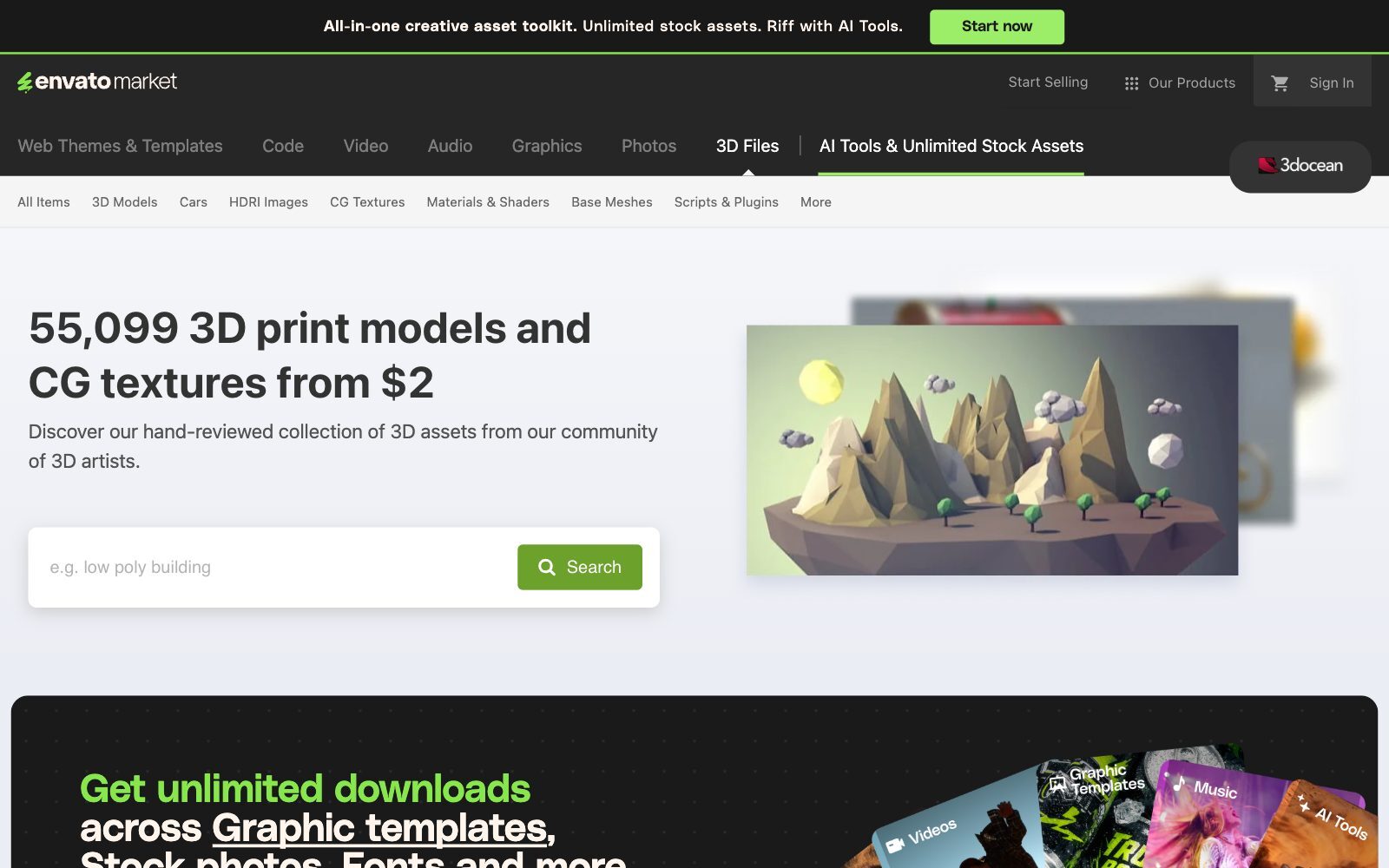 Screenshot of the 3DOcean page on Envato Market offering 3D print models and CG textures from 2 dollars, with categories such as 3D Models, HDRI Images and Materials and Shaders