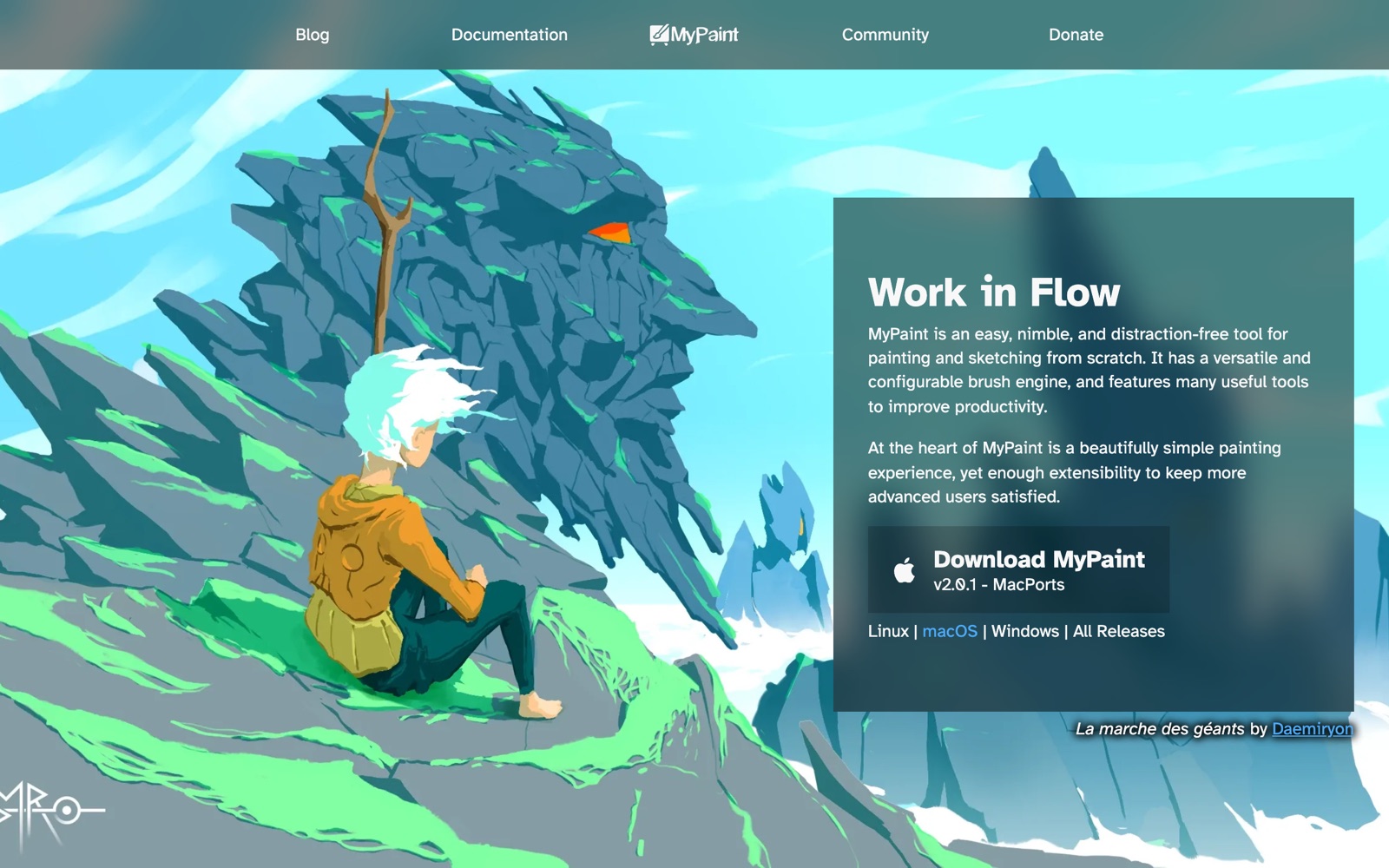 MyPaint homepage screenshot: open source painting and sketching app for Linux, Windows and macOS
