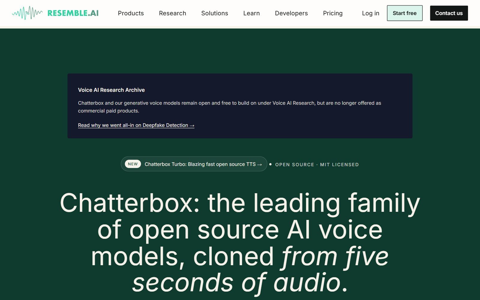 Chatterbox open-source AI voice models page by Resemble AI, MIT licensed (October 2026)