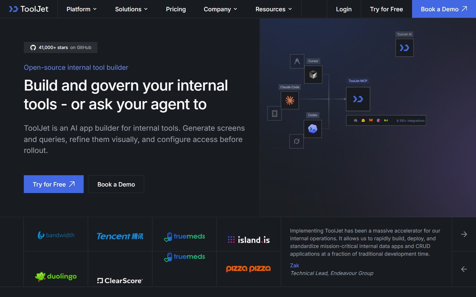 ToolJet homepage screenshot (October 2026)