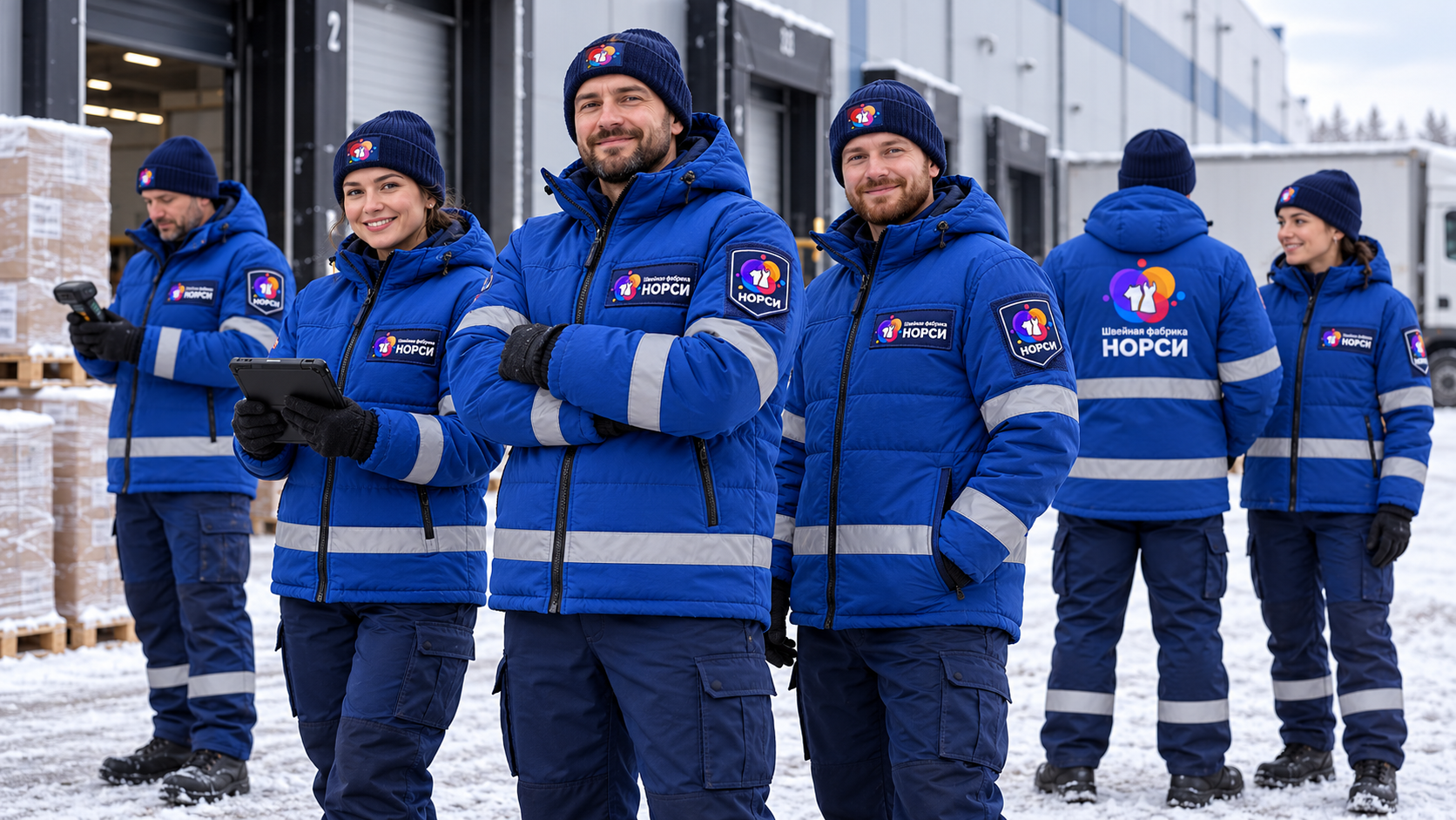 Оптовый заказ корпоративных зимних курток на складе перед отгрузкой