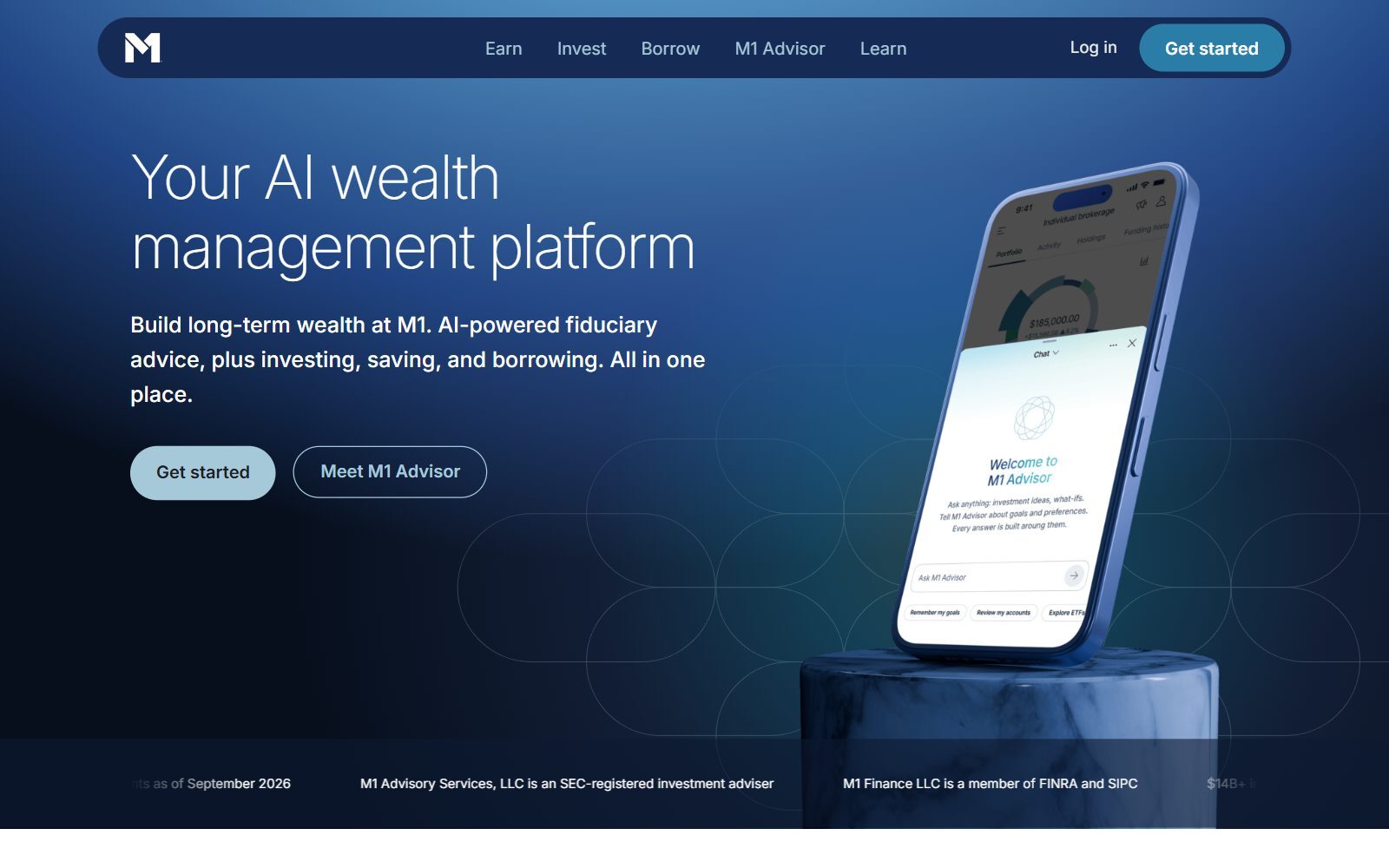 M1 investing and AI wealth management homepage screenshot (October 2026)