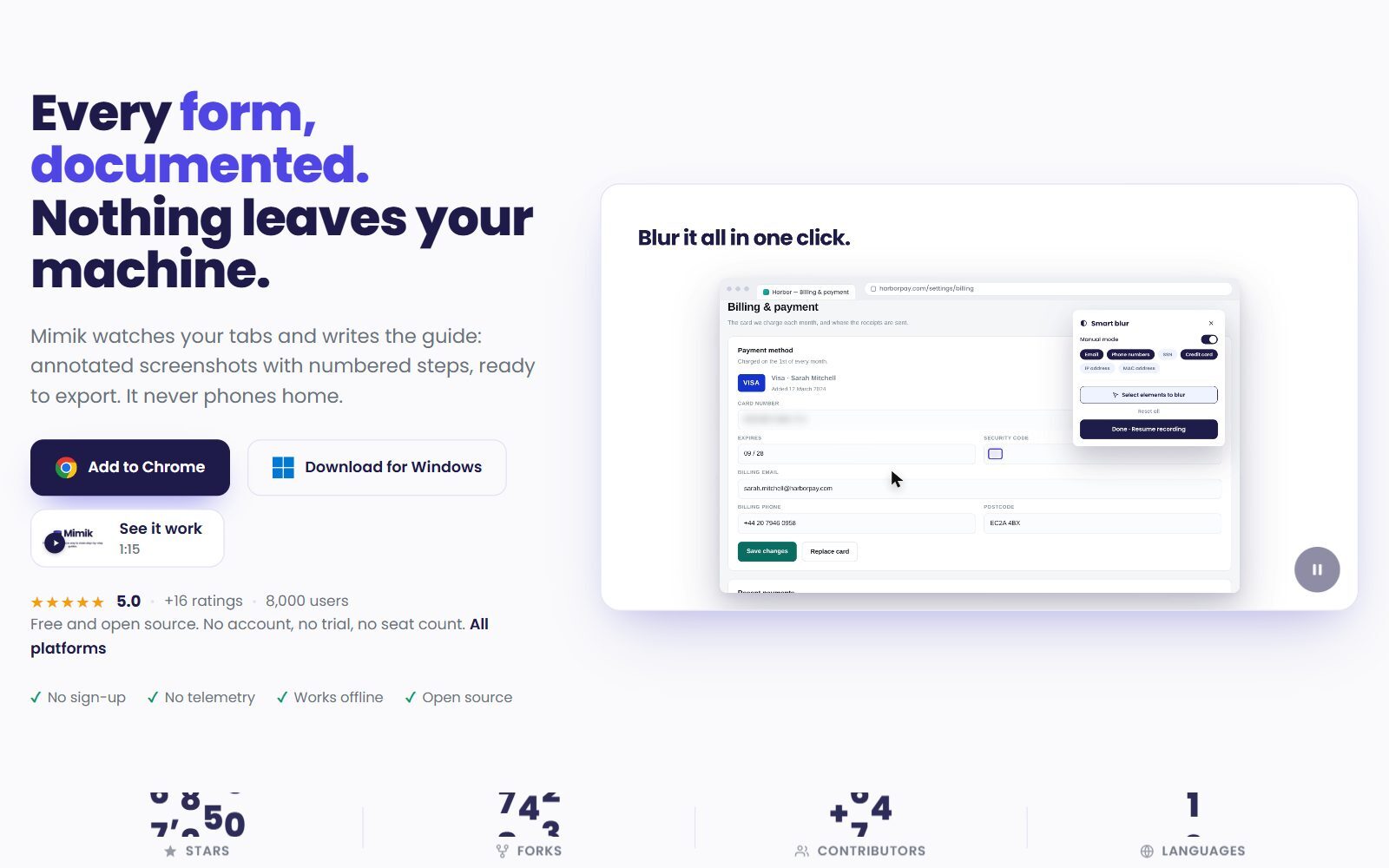 Mimik open-source step-by-step guide extension homepage screenshot (October 2026)