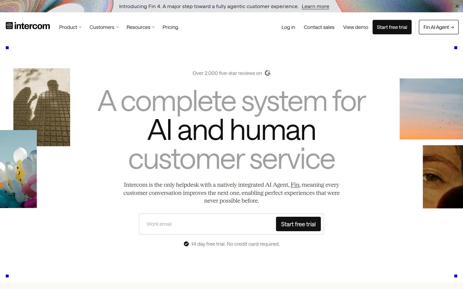 Intercom homepage screenshot (October 2026): a complete system for AI and human customer service, 14-day free trial