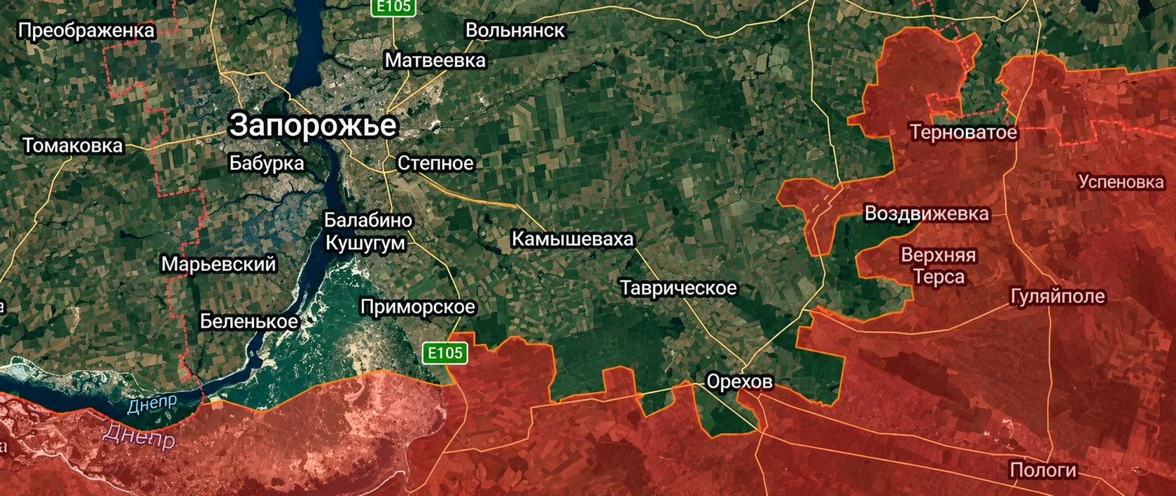 Спутниковая карта Запорожья, Орехова, Гуляйполя, Пологов и окружающих населённых пунктов с выделенными красными зонами