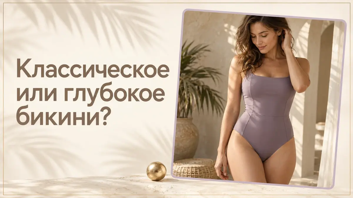 Редакционный баннер: взрослая женщина в закрытом белье и заголовок о выборе классического или глубокого бикини