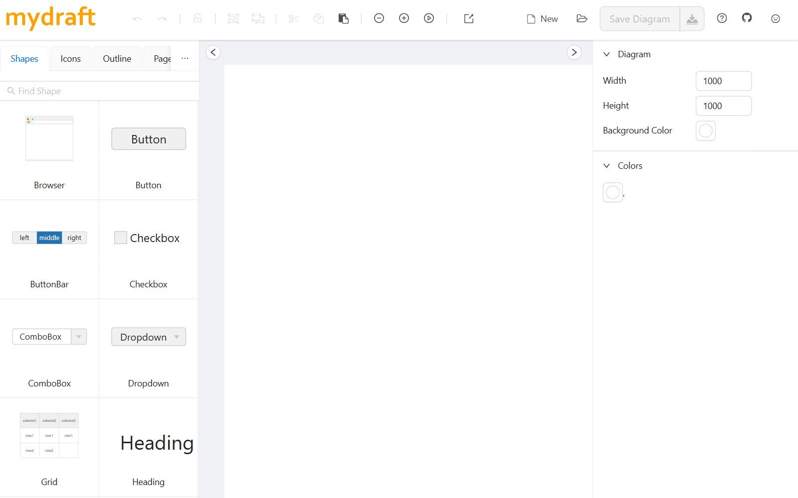mydraft wireframing editor screenshot with UI shapes (October 2026)