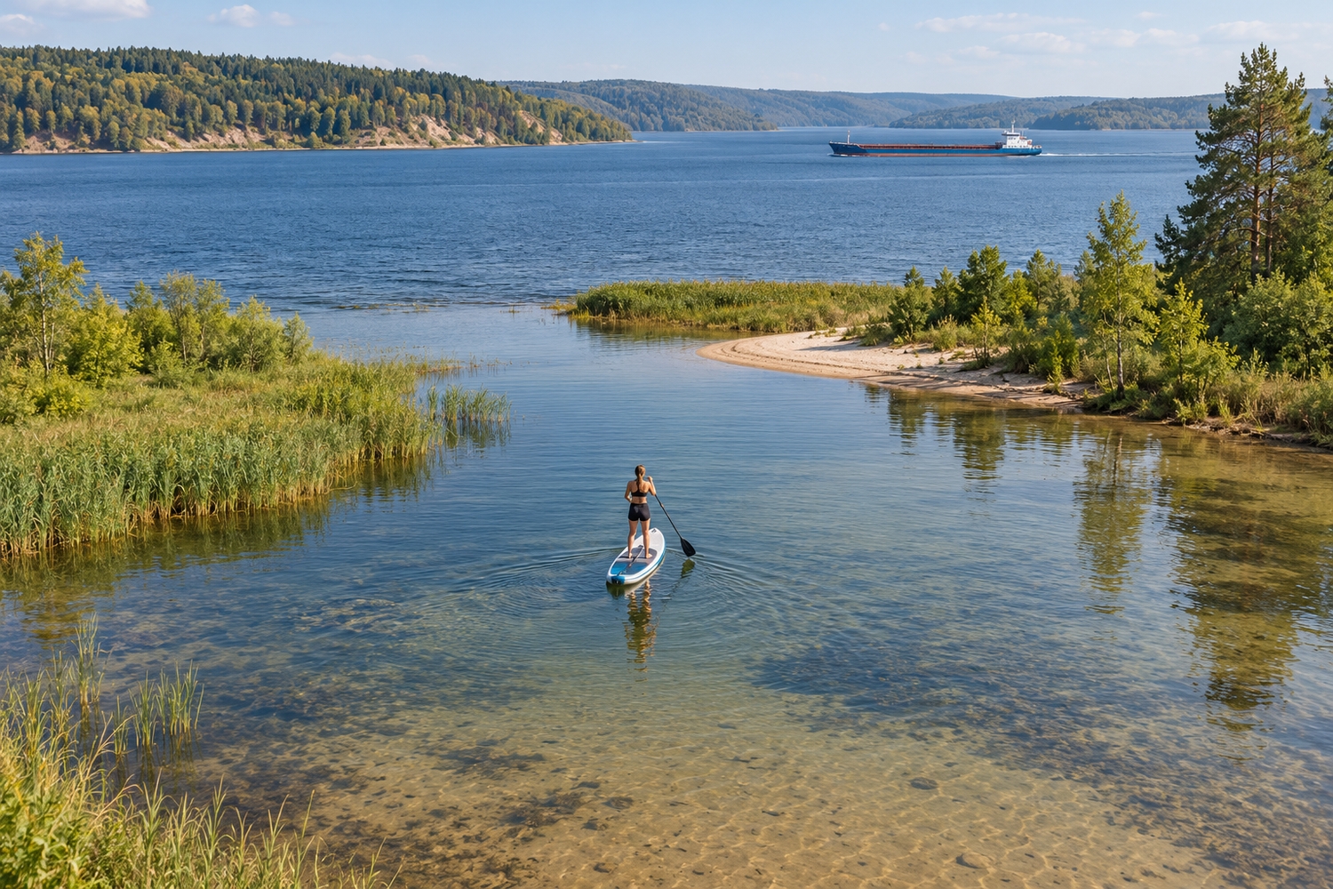 Девушка с веслом плывет на сапборде по тихой прозрачной воде Волги среди зеленых берегов возле Калязина