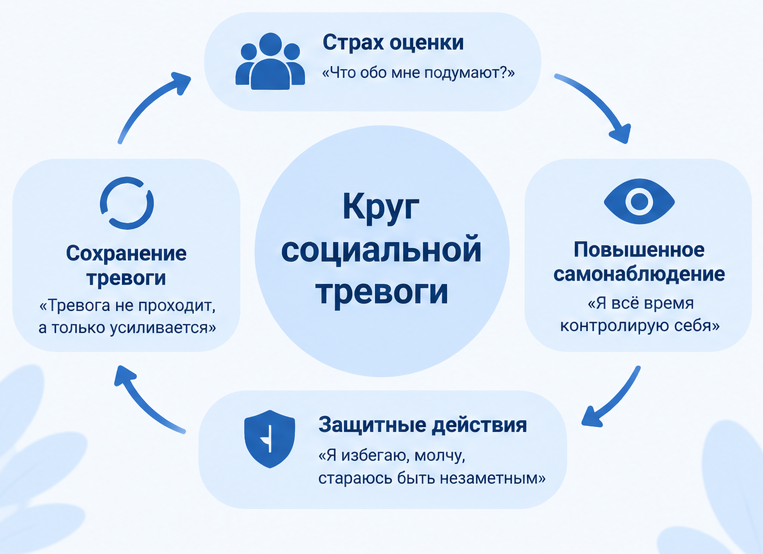 Круг социальной тревоги: страх оценки, повышенное самонаблюдение, защитные действия и сохранение тревоги
