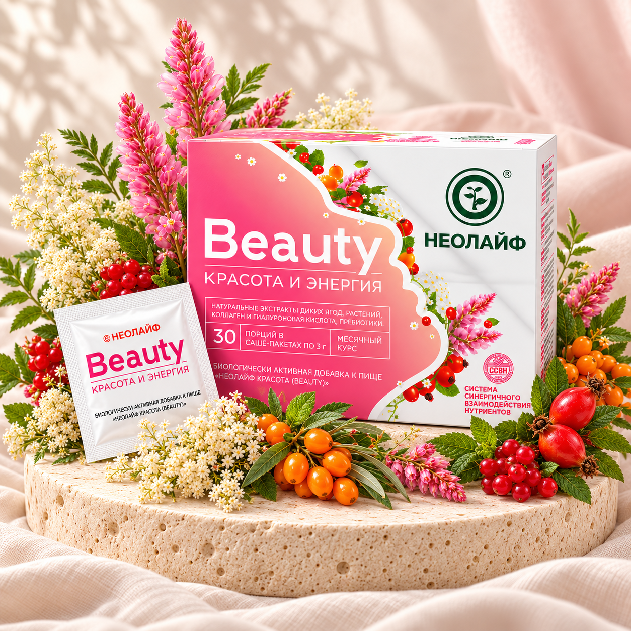 BEAUTY на каменной подставке с ингредиентами состава
