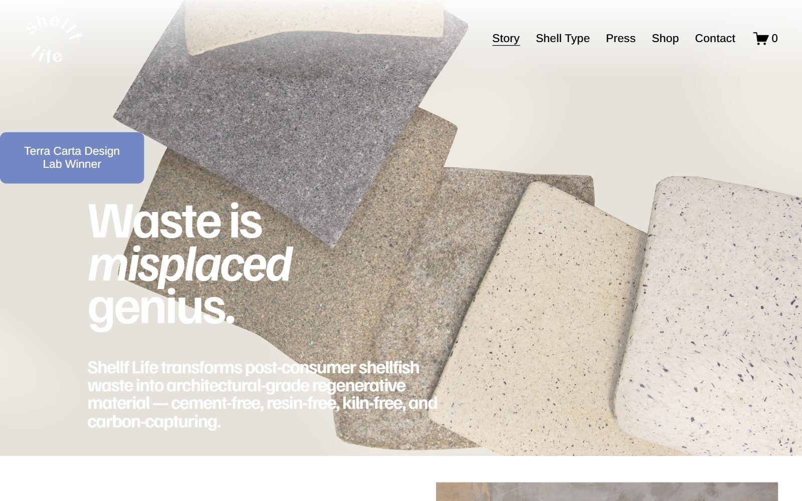 Shellf Life shellfish waste building material homepage screenshot (October 2026)