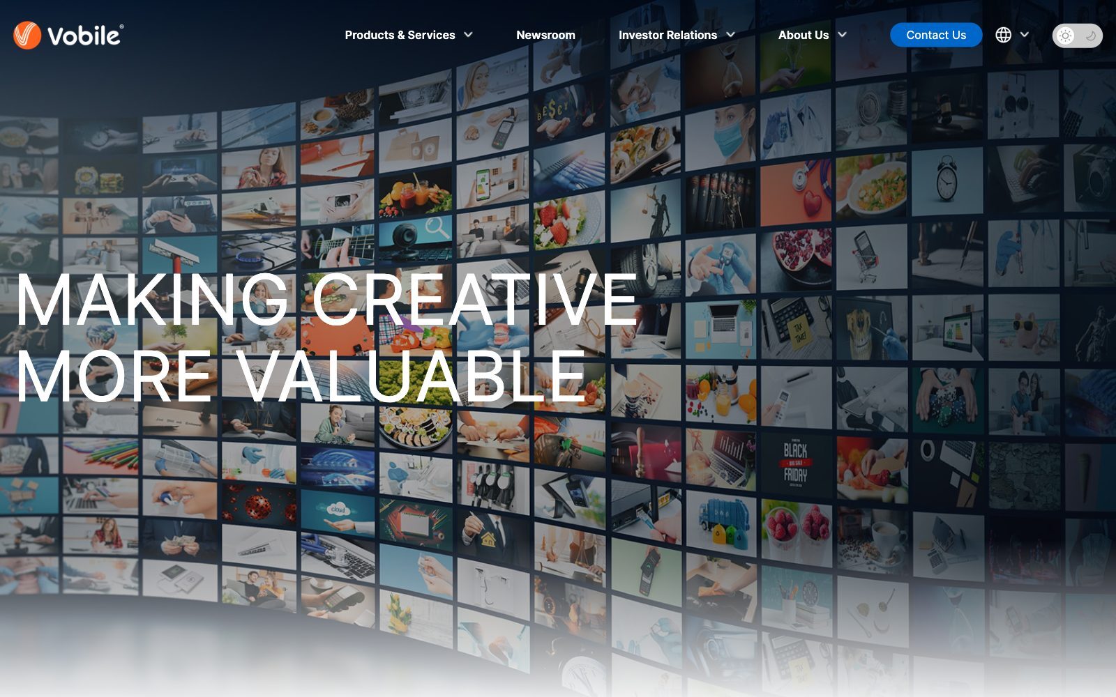 Screenshot of the Vobile homepage with the headline Making Creative More Valuable over a wall of video thumbnails and a menu with Products and Services, Newsroom, Investor Relations and About Us