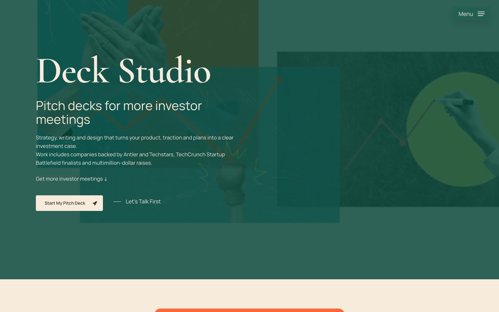 Deck Studio homepage screenshot: pitch deck agency for startups