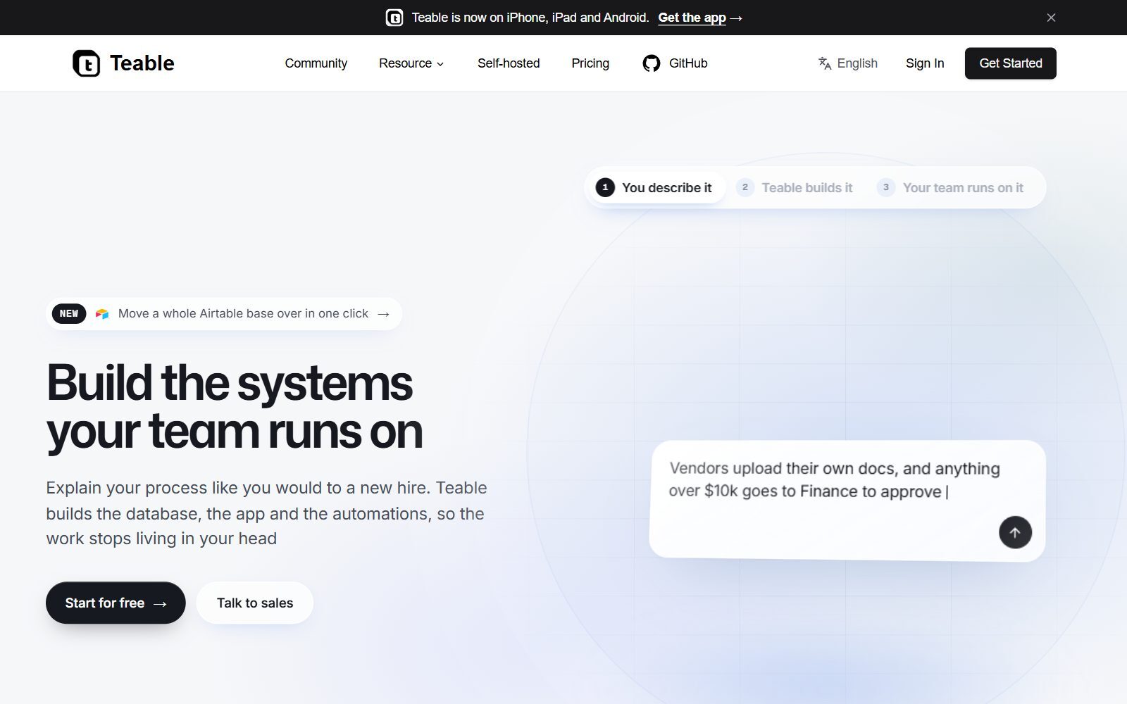 Teable homepage screenshot (October 2026)