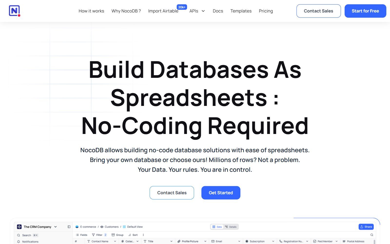 NocoDB homepage screenshot (October 2026)