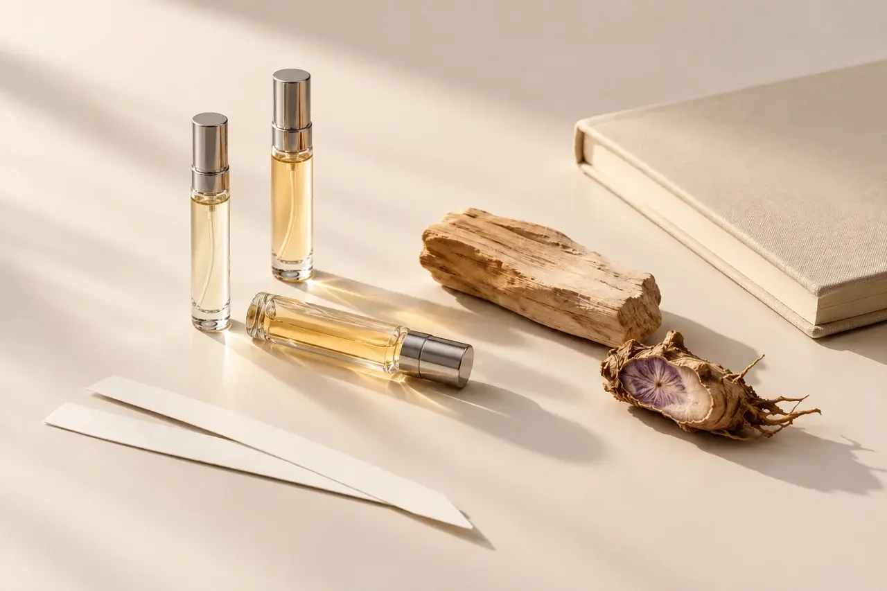 Slender glass perfume decant atomizers with silver caps, scent strips and wood