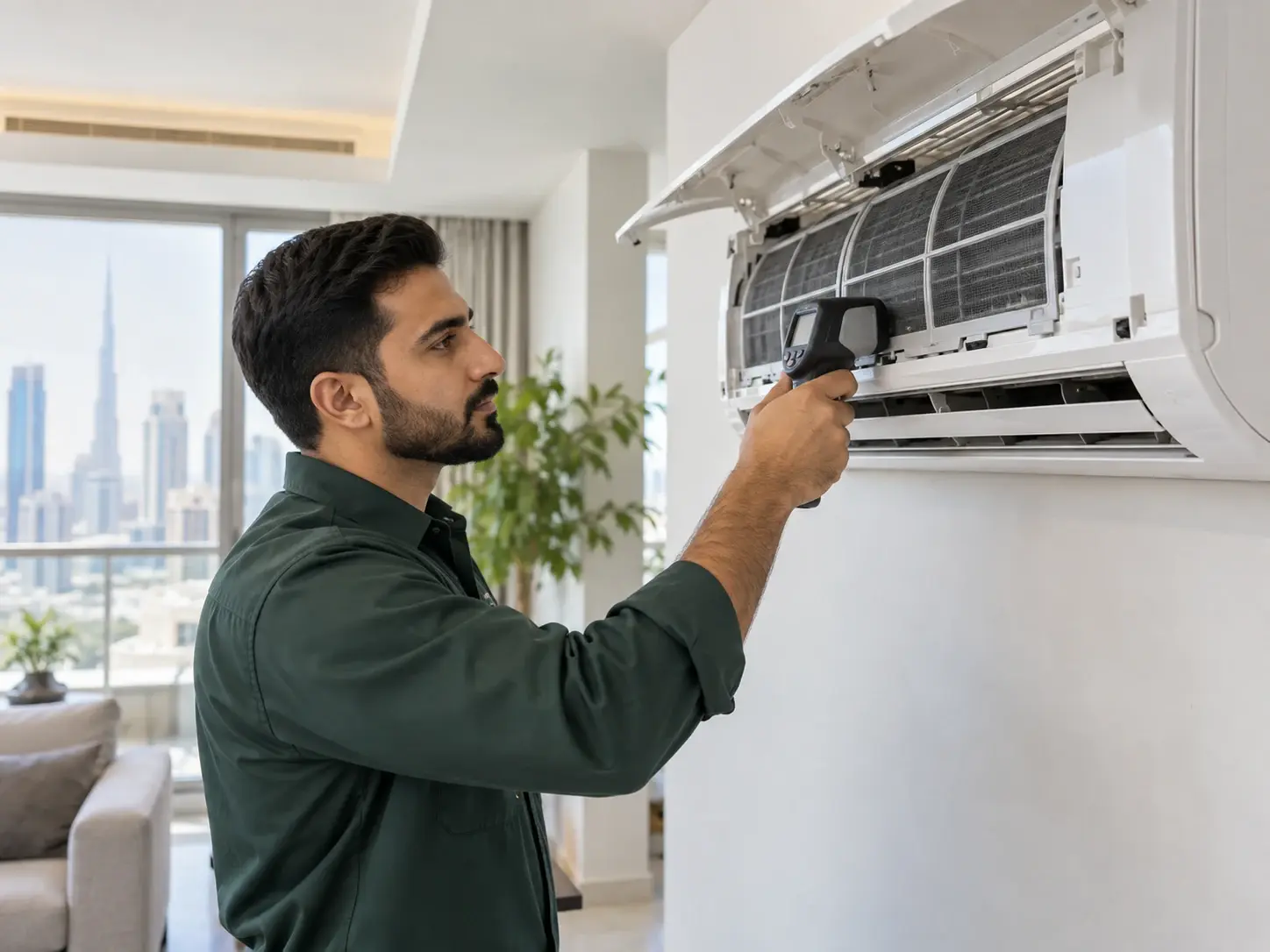 A technician inspecting an indoor air conditioning unit
