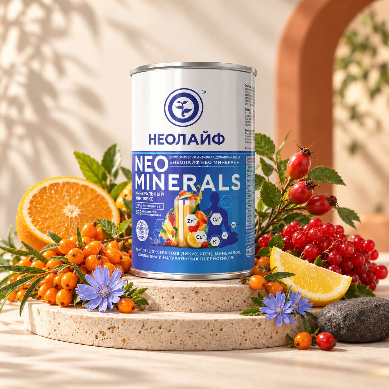 NEO MINERALS на каменной подставке с растениями