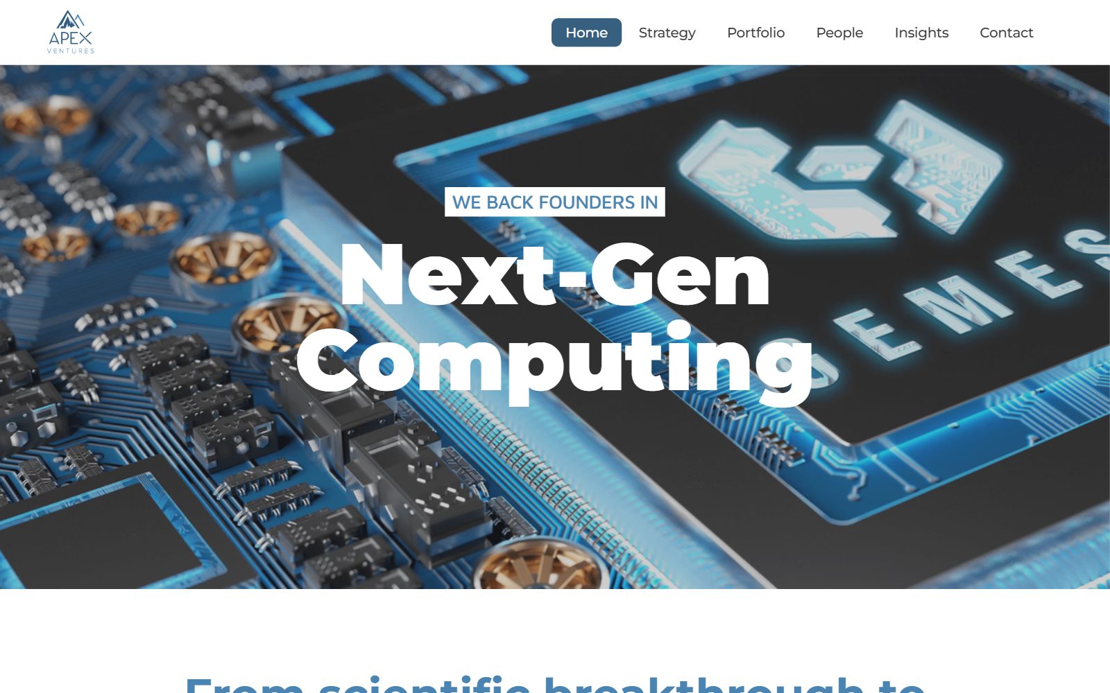 APEX Ventures homepage screenshot, a Vienna deep tech VC backing next-gen computing founders (October 2026)