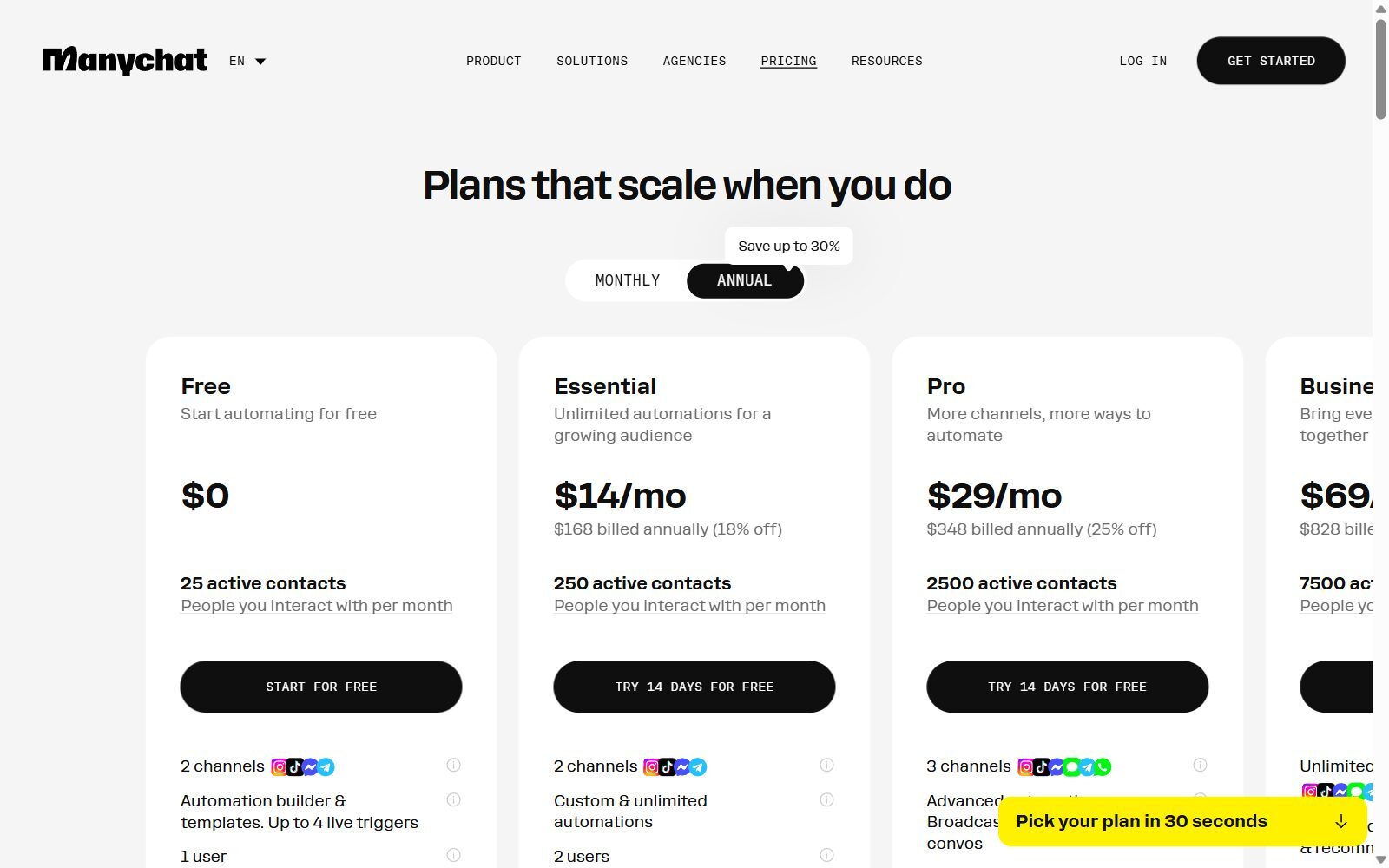 ManyChat pricing page screenshot showing the Free, Essential, Pro and Business plans (October 2026)