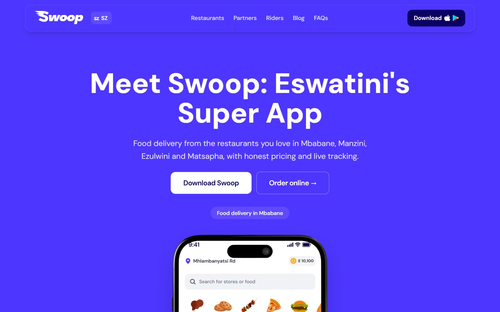 Swoop Eswatini food delivery homepage screenshot (October 2026)