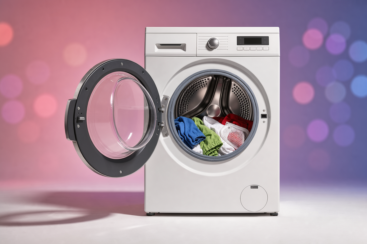 An open washing machine drum with a small balanced load of pants and a mesh laundry bag visible, neutral background