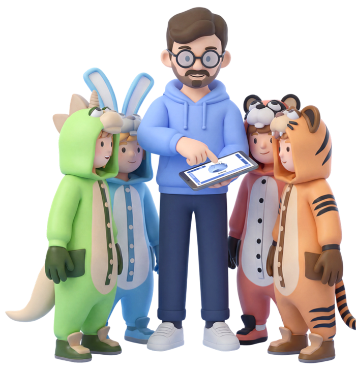 Персонажи приложения 3Dkids: спикер и дети в костюмах