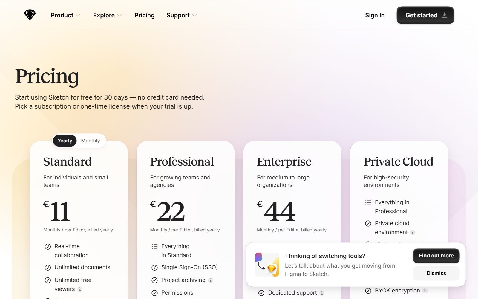 Sketch pricing page screenshot (October 2026)