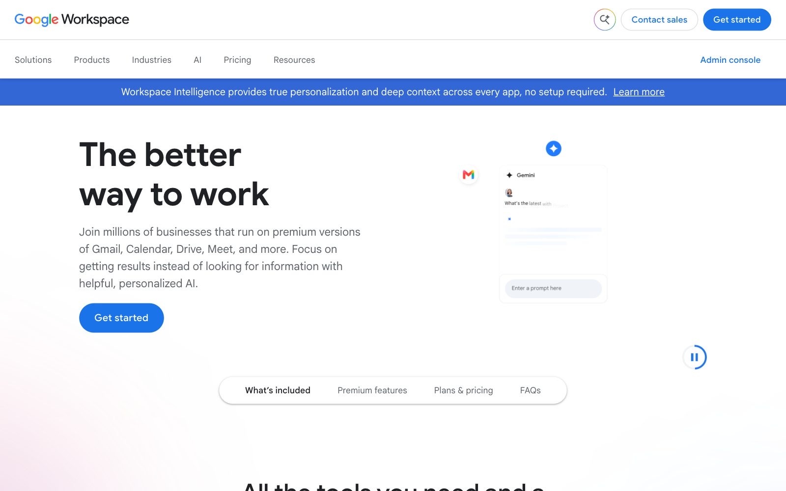 Google Workspace homepage screenshot: Gmail, Docs and Meet with Gemini AI built in