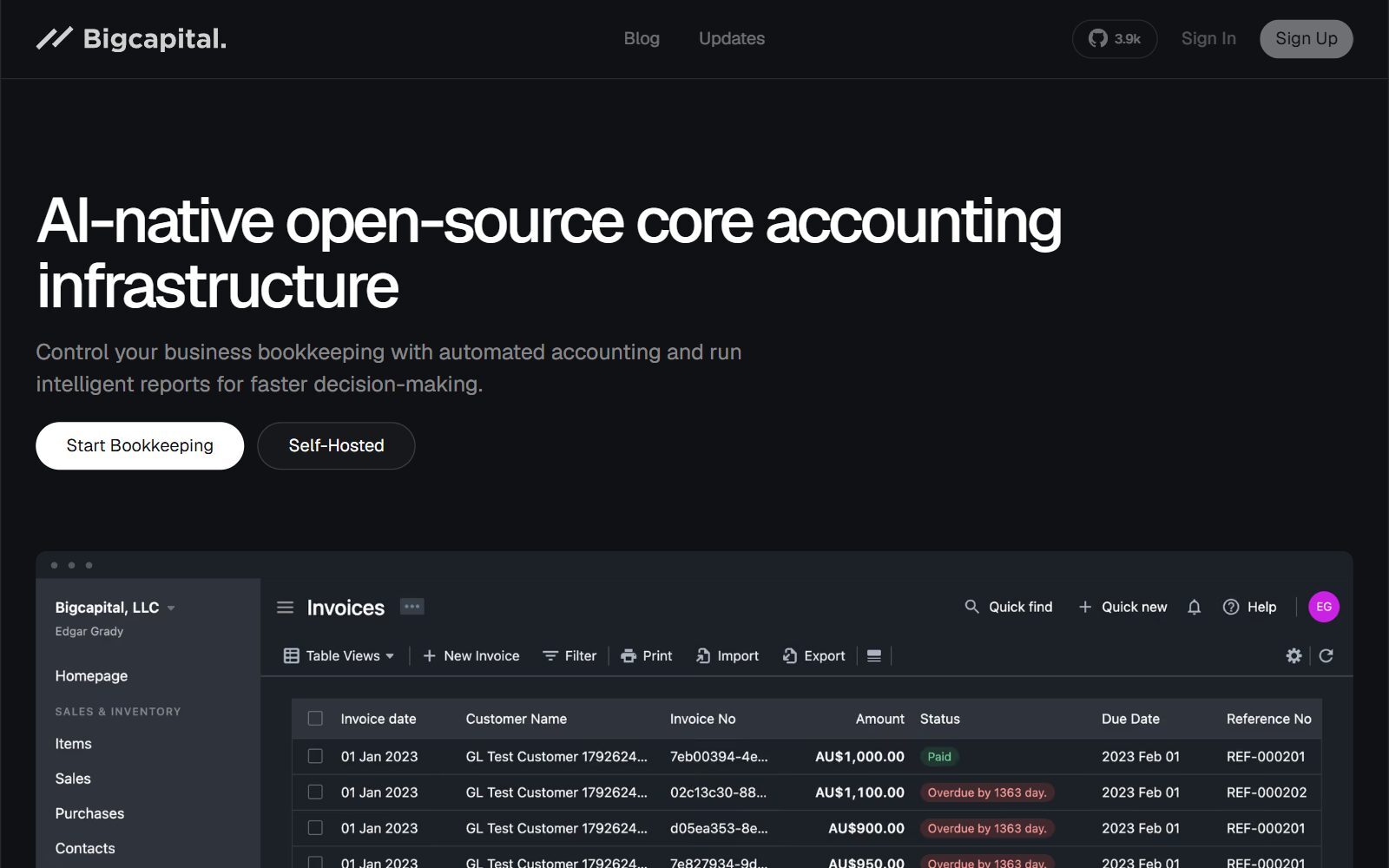 Bigcapital homepage screenshot (October 2026)