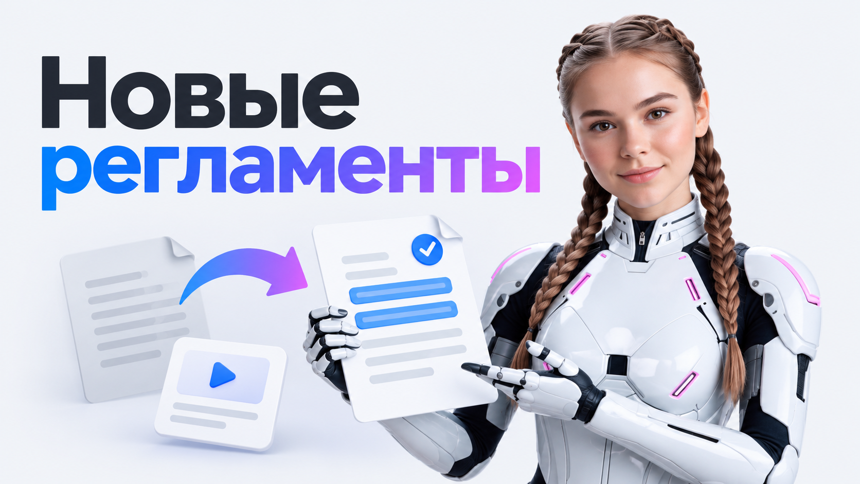 Катя показывает обновлённый регламент рядом со схемой перехода от старой инструкции к новой.