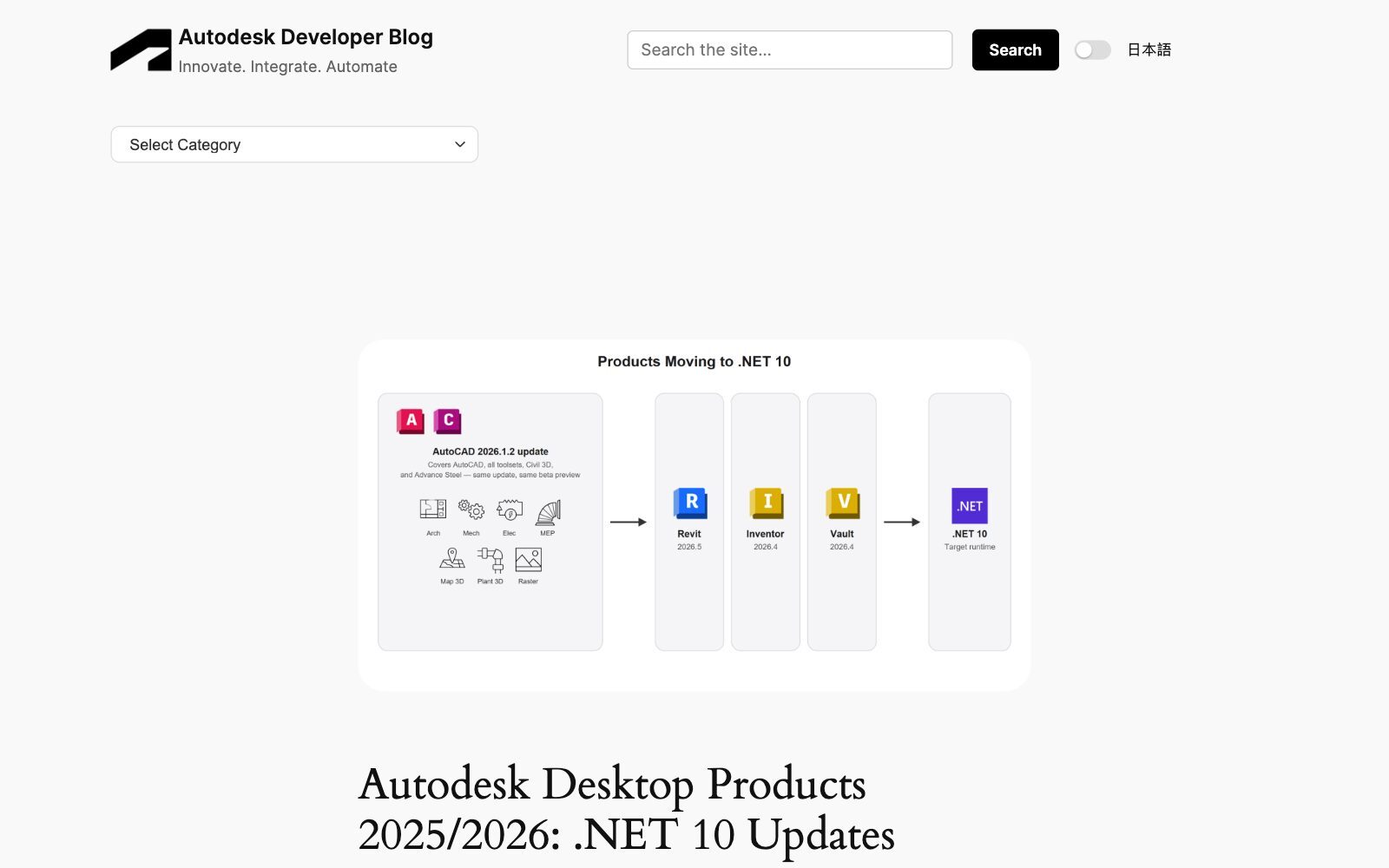 Screenshot of the Autodesk Developer Blog post Autodesk Desktop Products 2025/2026: .NET 10 Updates, with a diagram showing the AutoCAD 2026.1.2 update, Revit 2026.5, Inventor 2026.4 and Vault 2026.4 moving to the .NET 10 runtime