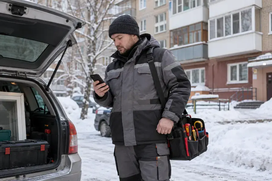 Приезд мастера по ремонту окон во двор жилого дома