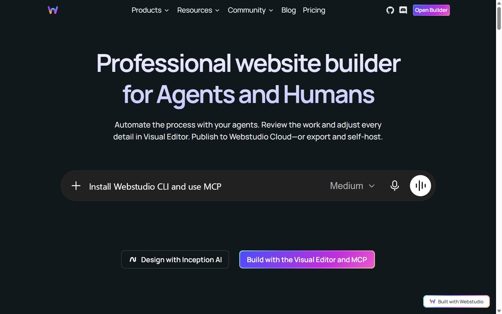Webstudio open-source website builder homepage screenshot (October 2026)